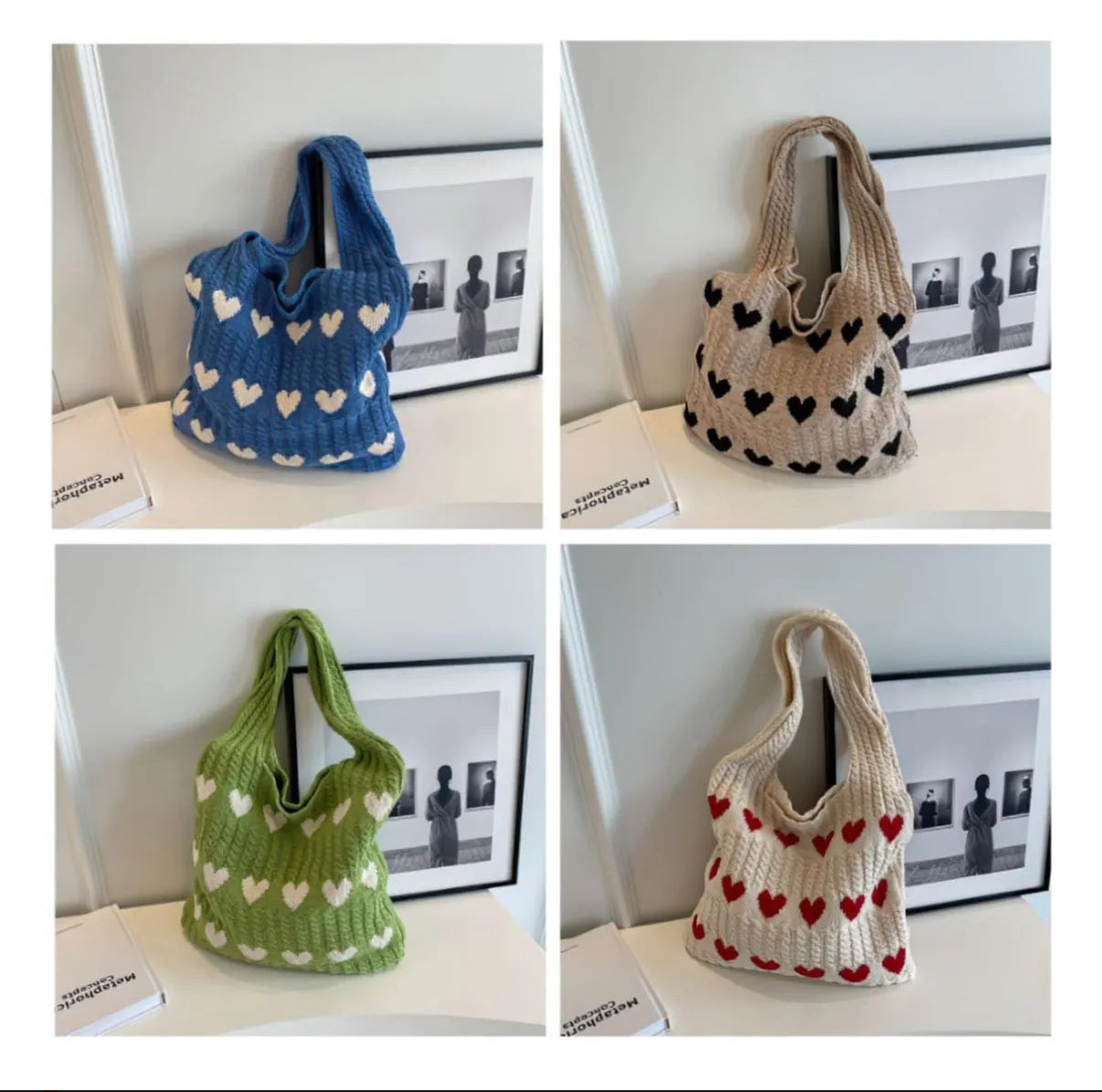 Bolso de hombro tejido diseño corazones