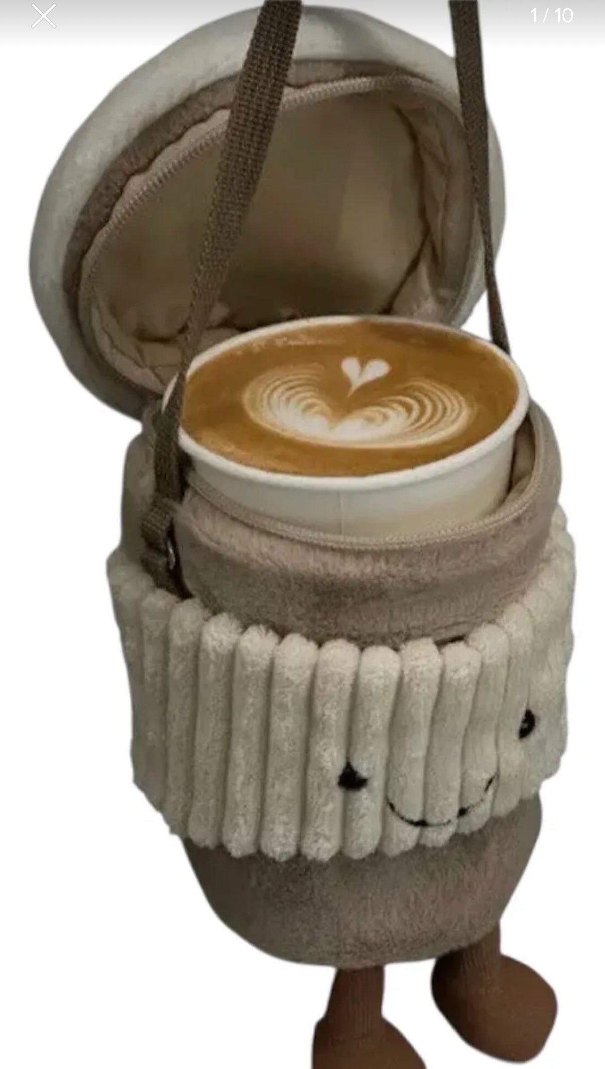 Peluche porta café Coffee to Go con cierre y correa portátil 17x9cm